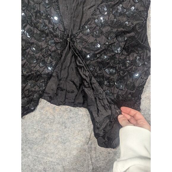 Vintage 80s Cotton Zone Black Silk Beaded All Over Sequins Vest Small Party - Picture 5 of 7